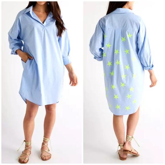 Caryn Lawn Shirt Dress womens One Size Preppy Star Back Blue Stripe Oversized - Picture 1 of 8